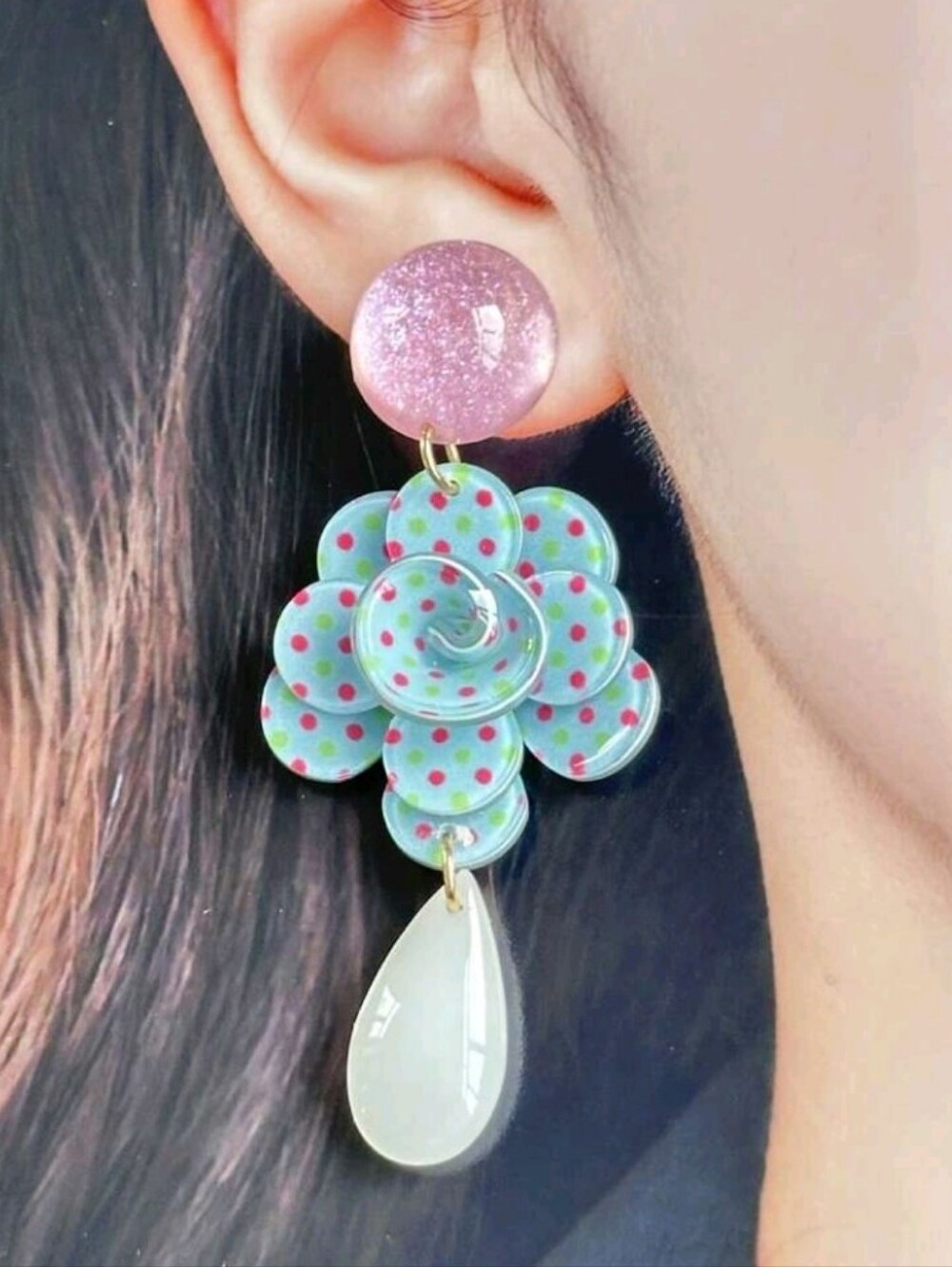 NEW! ZARA Pink and Mint Polka Dot Floral Drop 925 Sterling Silver Post Earrings